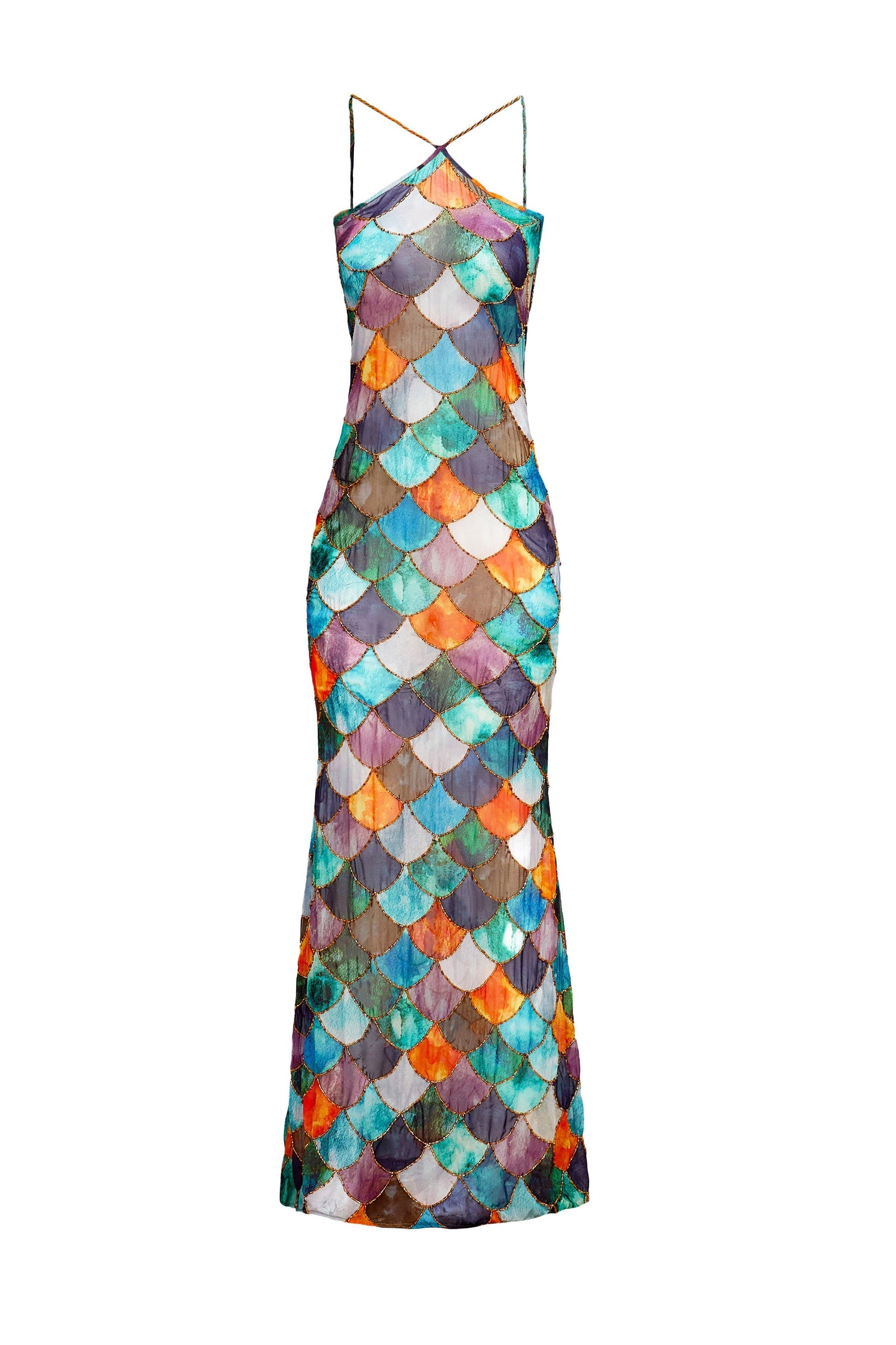 Scaglia Chain Halter Maxi Dress – Sequin Scalloped Summer Women Formal Cocktail Party Evening Maxi Dress