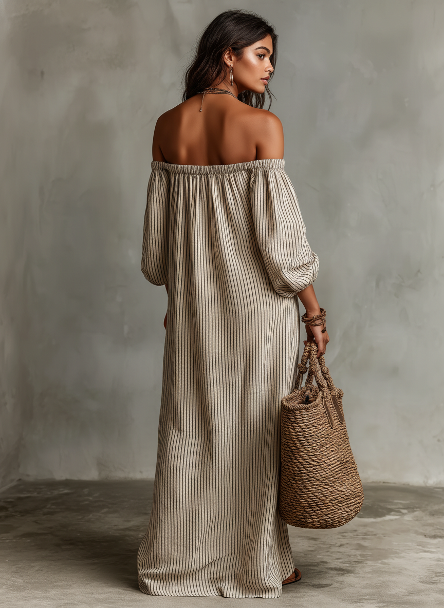 Rigatta Off-Shoulder Striped Maxi Dress – Women Summer Boho Casual Beach Vacation Sundress Maxi Dress