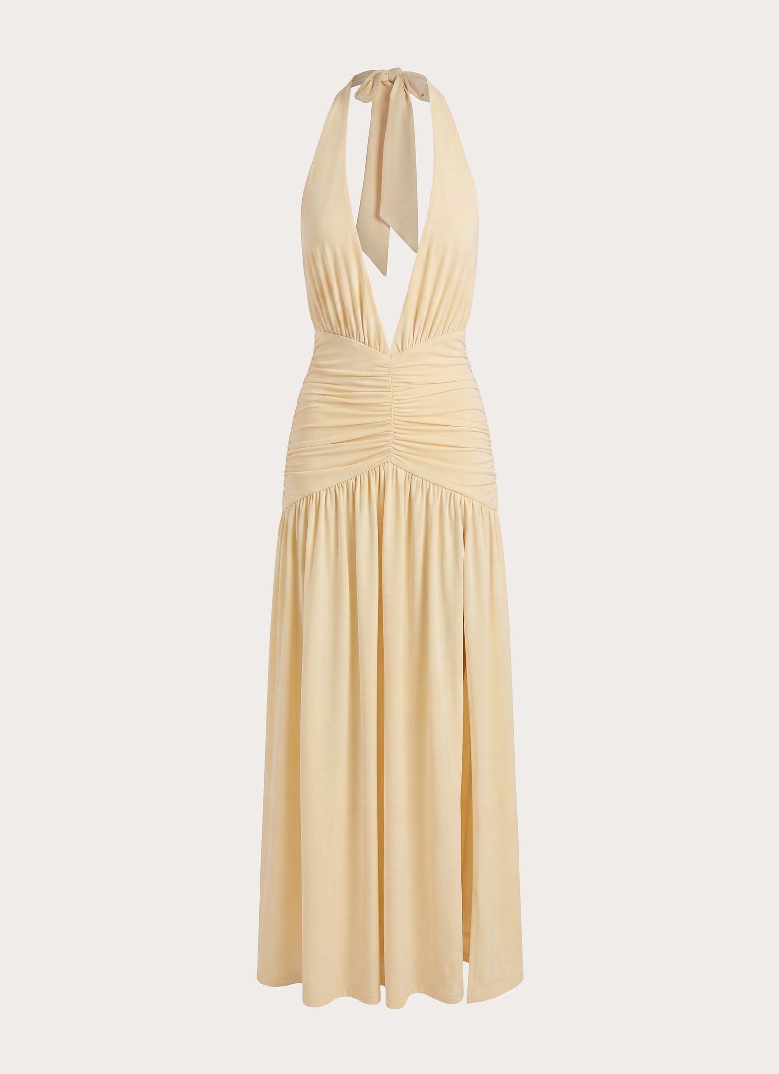 Rucha Ruched Halter Maxi Dress – Plunge Neck Slit Women Formal Wedding Guest Evening Party Long Halter Dress