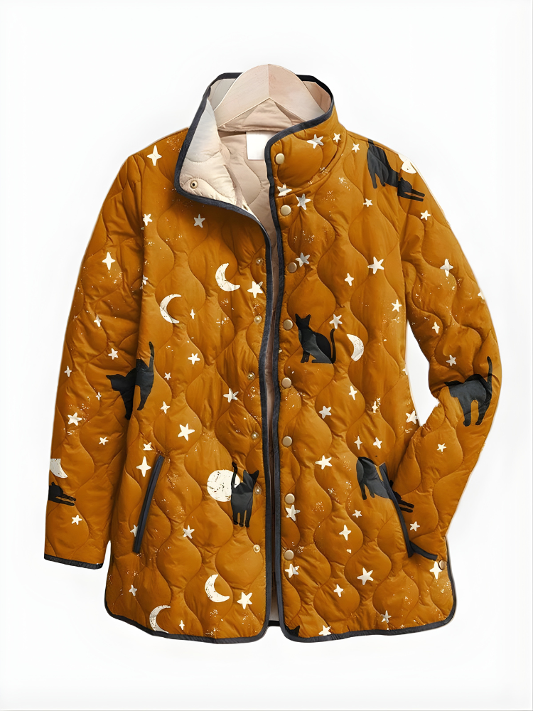 Noctira Quilted Celestial Print Jacket – Women Winter Outerwear Star Moon Cat Print Lightweight Quilted Jacket