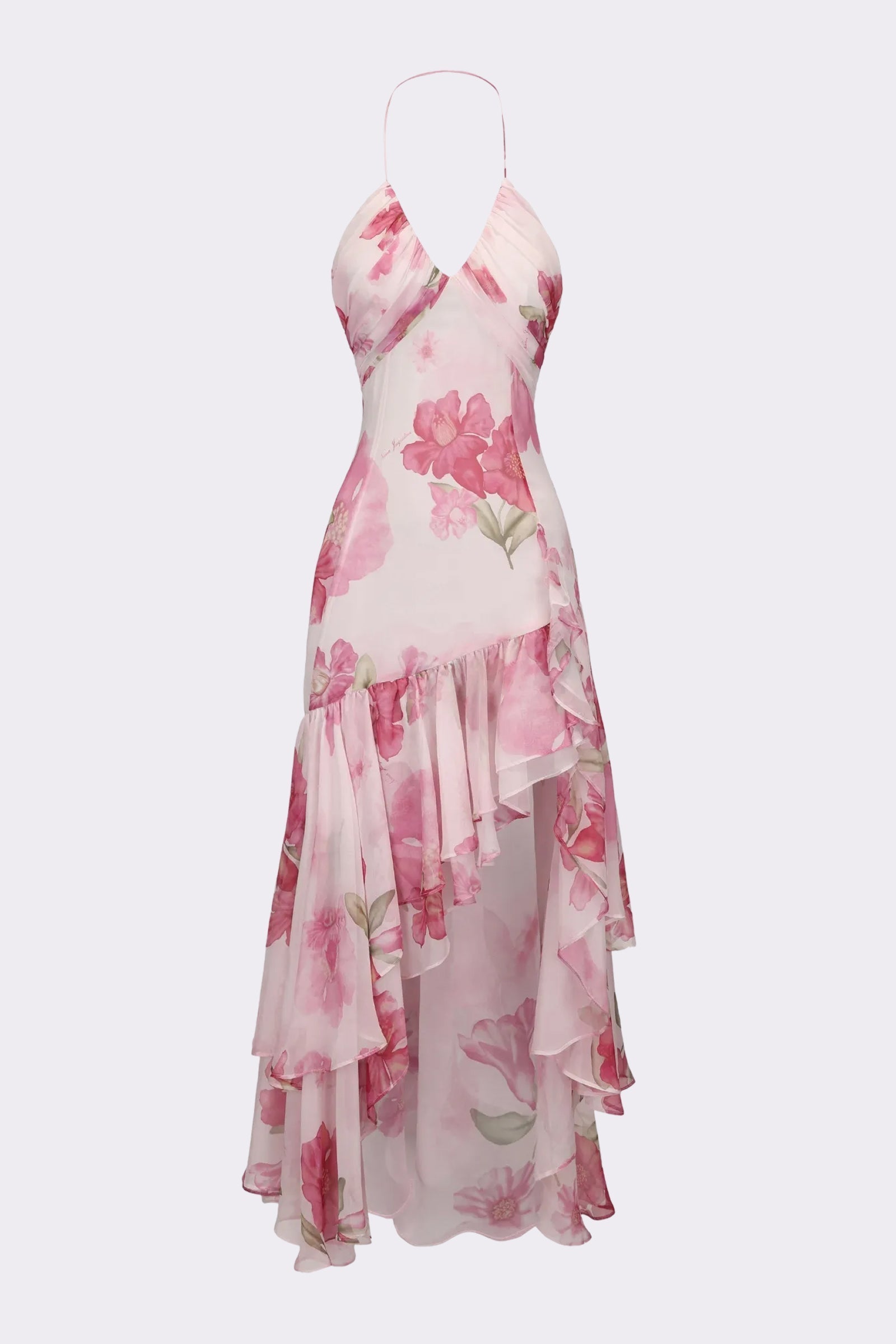 Florenza Ruffle High-Low Midi Dress – Floral Halter Neck Women Formal Wedding Guest Summer Cocktail Midi Dress
