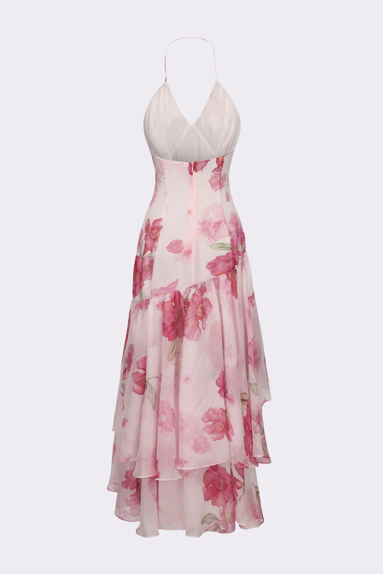 Florenza Ruffle High-Low Midi Dress – Floral Halter Neck Women Formal Wedding Guest Summer Cocktail Midi Dress