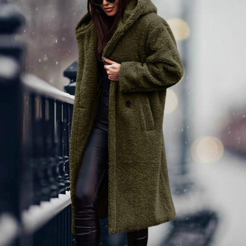 Manteau long en teddy ample Bouclair - Long manteau d’hiver en polaire pour femme, ouvert sur le devant, décontracté