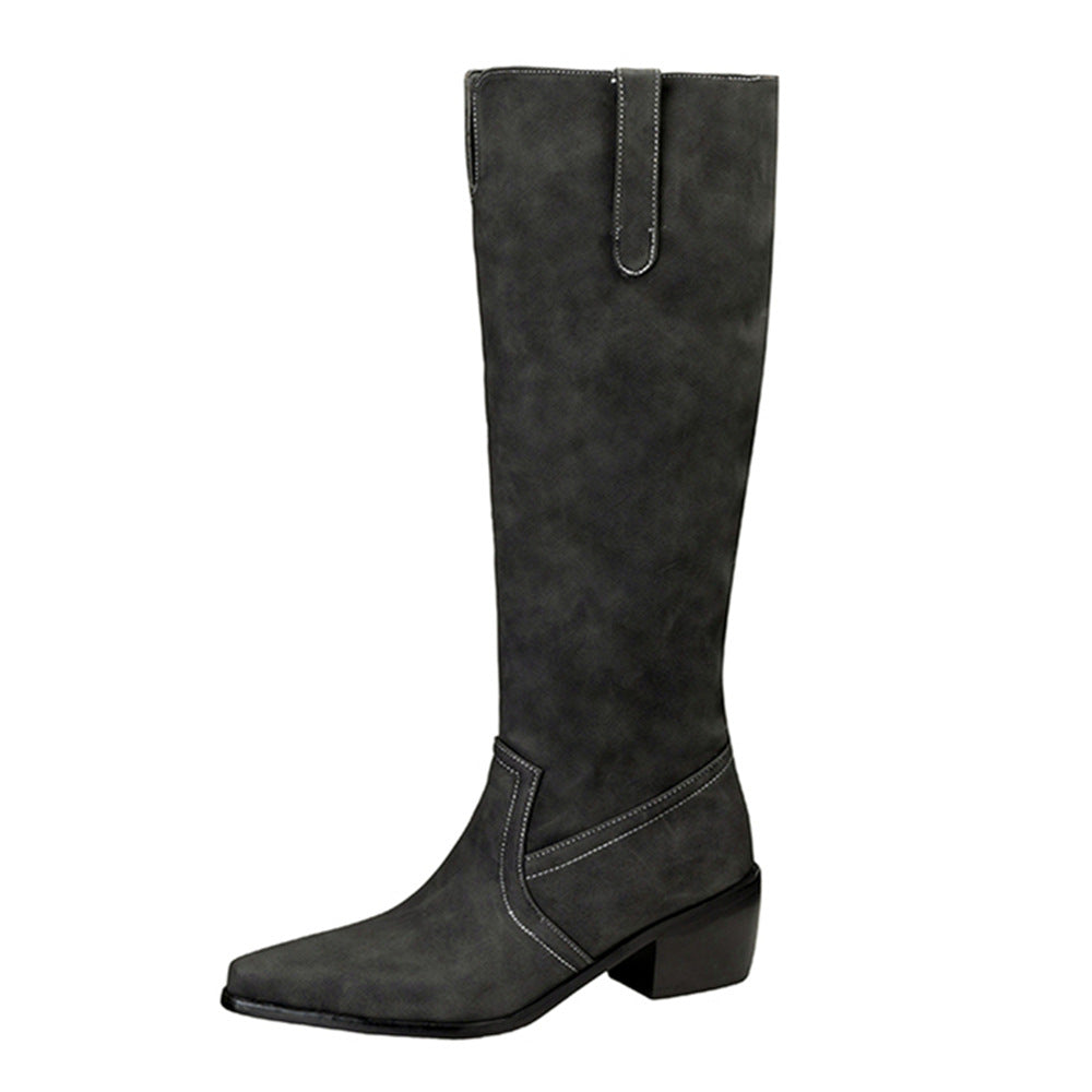 Bottes à talon carré montantes Tambour – Bottes hautes pour femme en daim à talon kitten, pour le bureau et les tenues chic décontractées