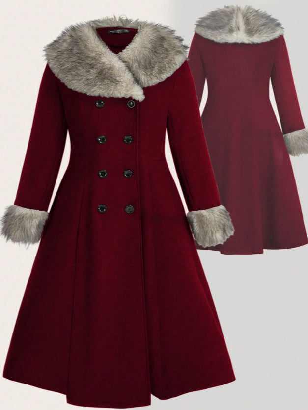 Borgrim Faux Fur Collar Double-Breasted Coat – Burgundy Wool Women Long Tailored Winter Vintage Fox Fur Collar Coat