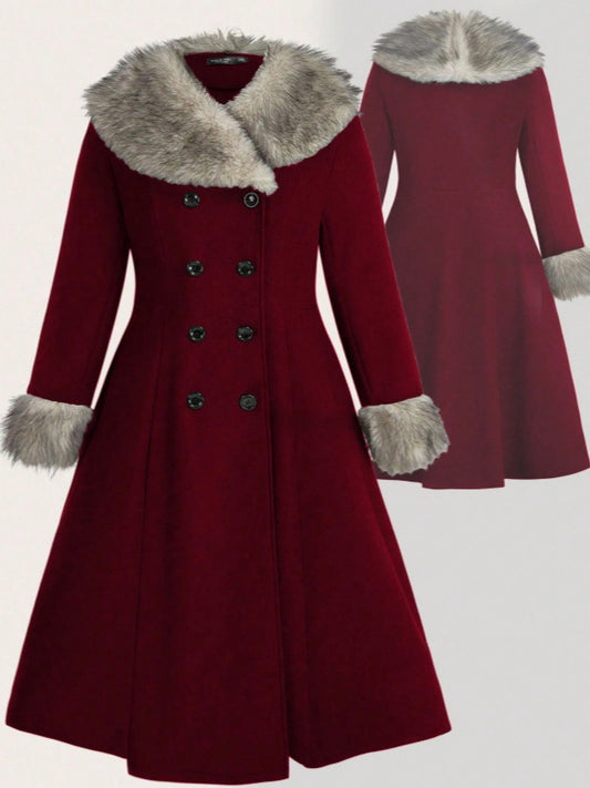 Borgrim Faux Fur Collar Double-Breasted Coat – Burgundy Wool Women Long Tailored Winter Vintage Fox Fur Collar Coat