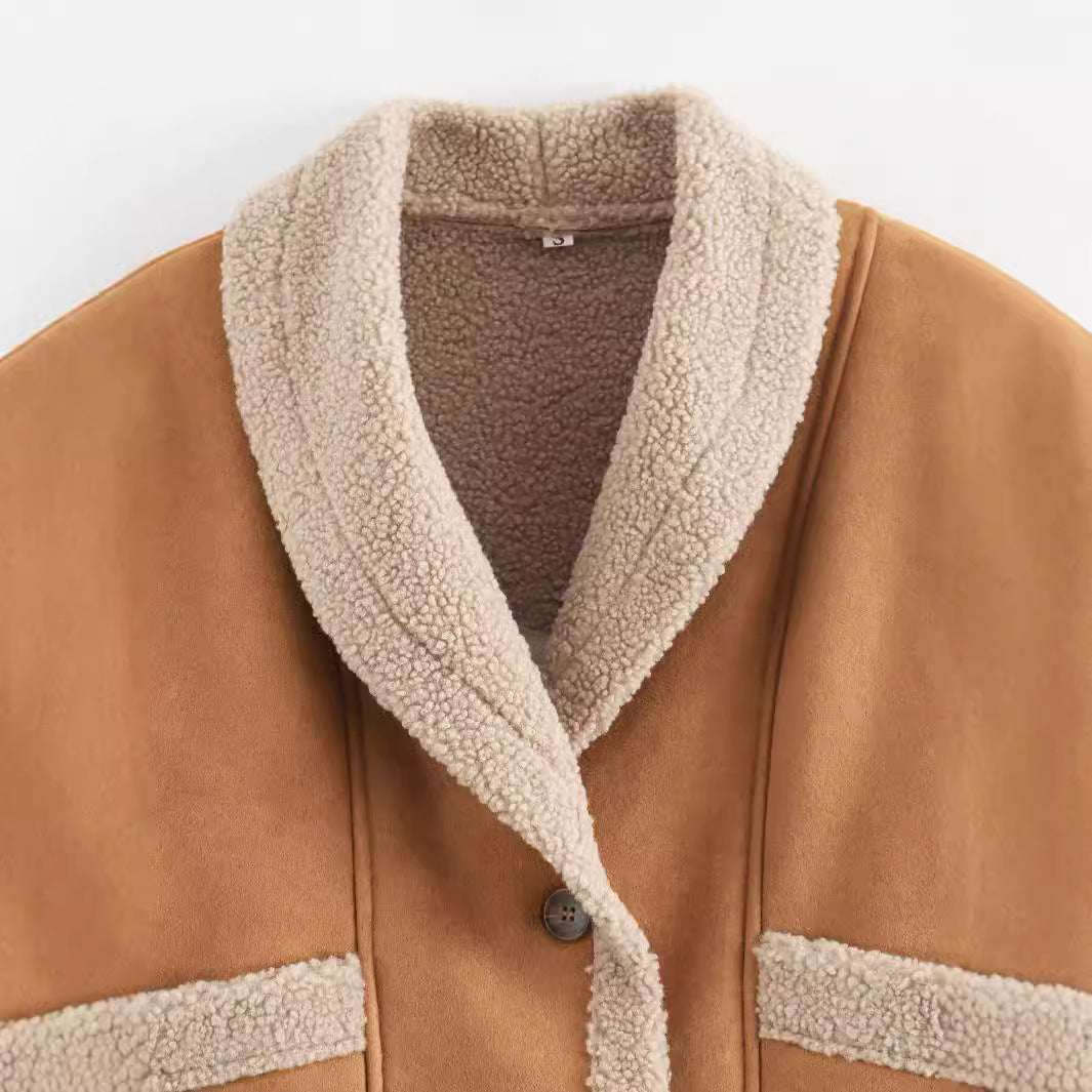 Veste courte à col imitation peau lainée Camelrim - manteau en fausse fourrure pour femme, veste boutonnée décontractée d'automne et d'hiver