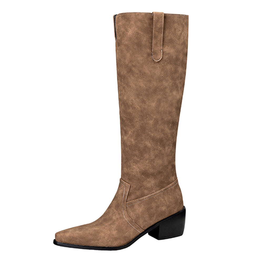Bottes à talon carré montantes Tambour – Bottes hautes pour femme en daim à talon kitten, pour le bureau et les tenues chic décontractées
