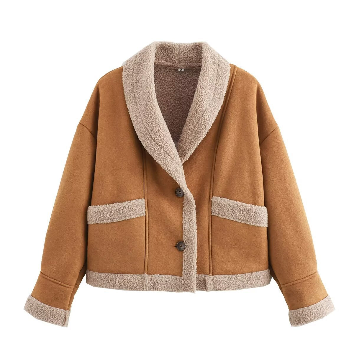 Veste courte à col imitation peau lainée Camelrim - manteau en fausse fourrure pour femme, veste boutonnée décontractée d'automne et d'hiver