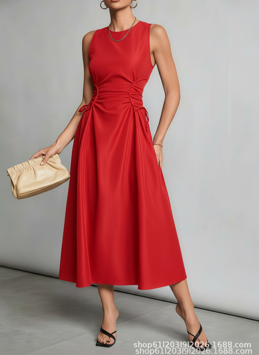 Robe midi Nodosia froncée à la taille - Robe élégante sans manches, coupe trapèze, pour femme, idéale pour l’automne, les cocktails et les soirées