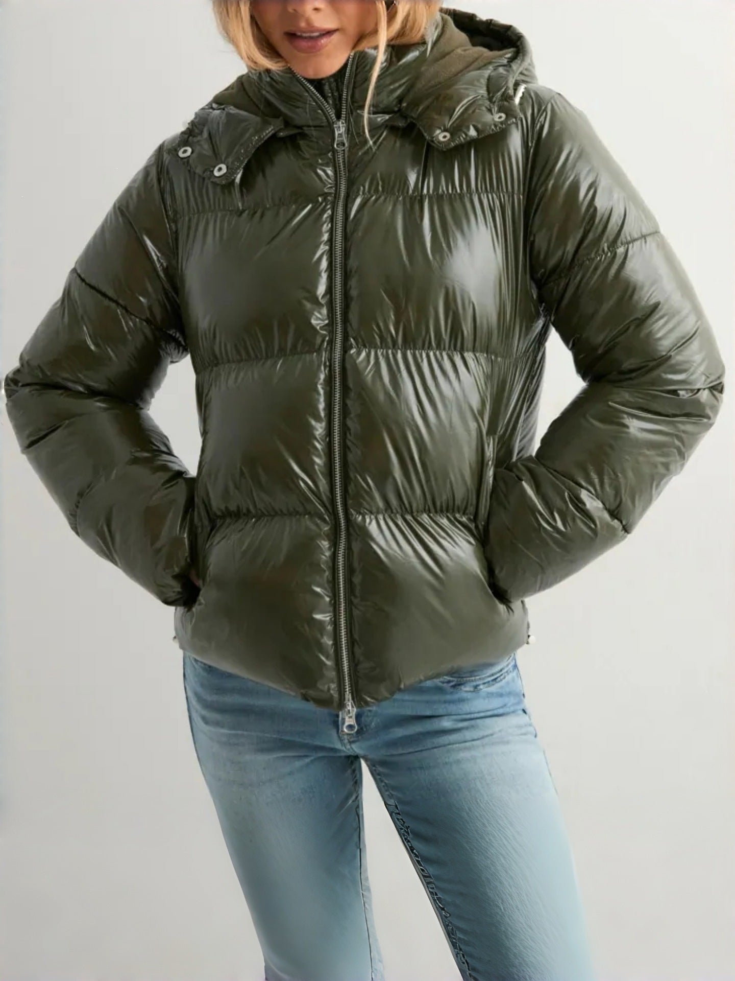Glossine Oversized Puffer Jacket – Women Cropped Hooded Winter Coat Streetwear Quilted Puffer Jacket
