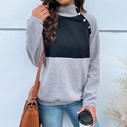 Chevron Quilted Button Fleece Pullover – Women Colorblock Fleece Pullover Casual Turtleneck Sweatshirt