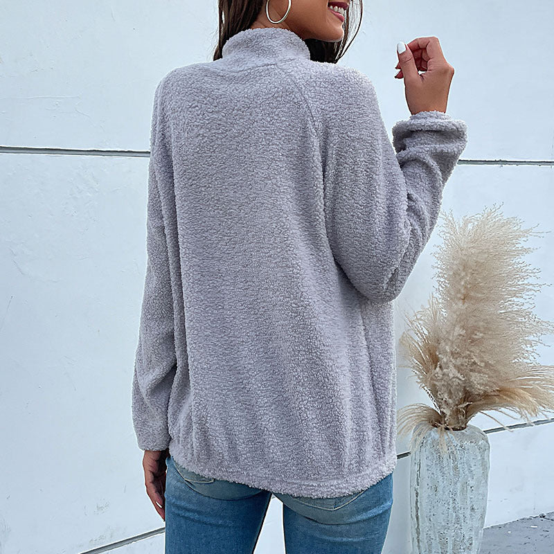 Chevron Quilted Button Fleece Pullover – Women Colorblock Fleece Pullover Casual Turtleneck Sweatshirt