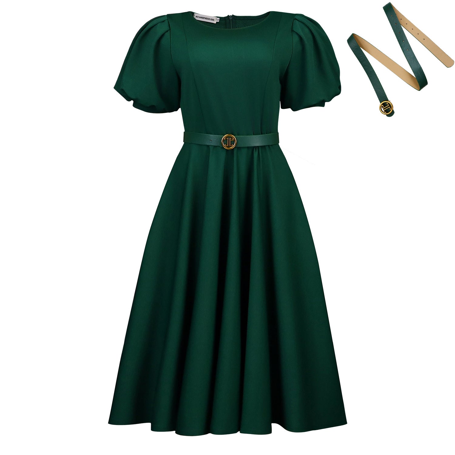 Bomante Puff Sleeve Belted Midi Dress – Women Formal Cocktail Wedding Guest Elegant A-Line Midi Dress