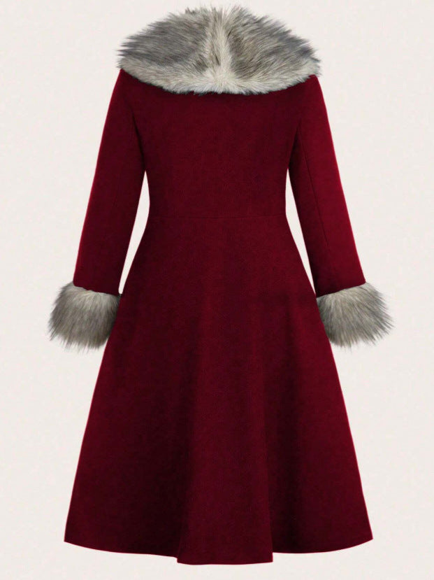 Borgrim Faux Fur Collar Double-Breasted Coat – Burgundy Wool Women Long Tailored Winter Vintage Fox Fur Collar Coat