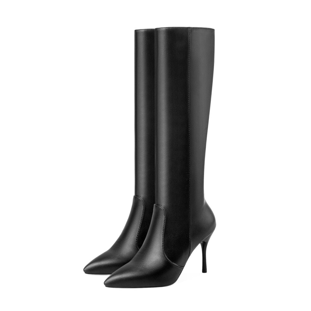 Bottes Stilline pointues hauteur genou - Bottes hautes noires en cuir pour femme, à talon aiguille, idéales pour le bureau, les soirées et l’automne