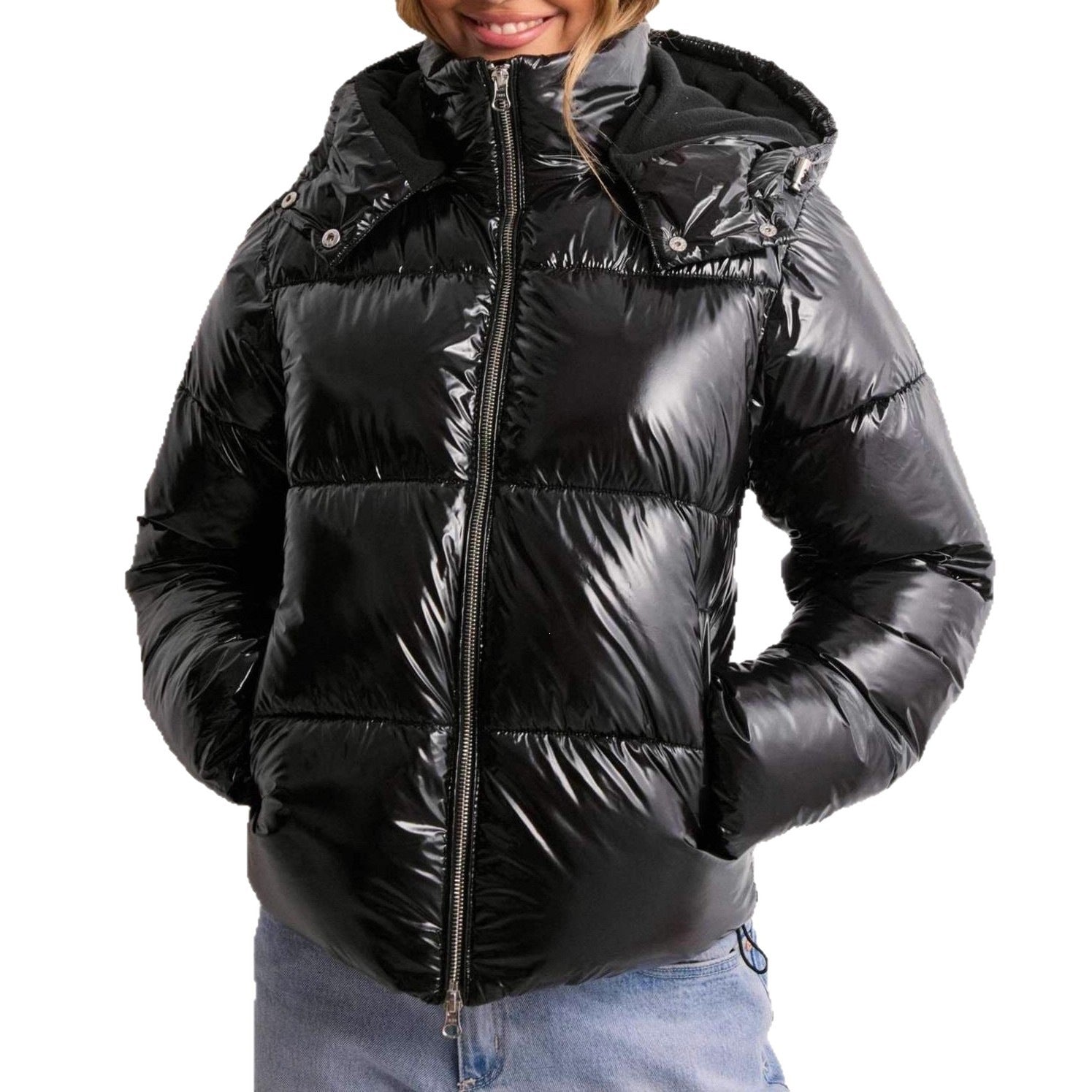Glossine Oversized Puffer Jacket – Women Cropped Hooded Winter Coat Streetwear Quilted Puffer Jacket