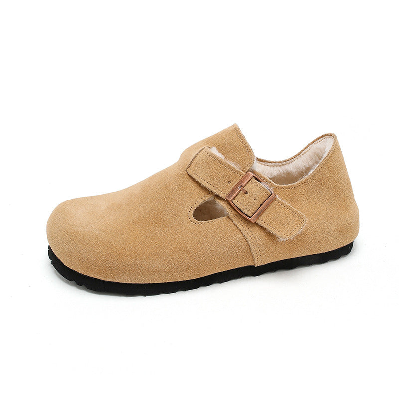 Sabots en daim doublés de shearling Buckmore - sandales à boucle pour femme, bout fermé, doublure en fourrure, gris, chaussons confortables d’automne et d’hiver