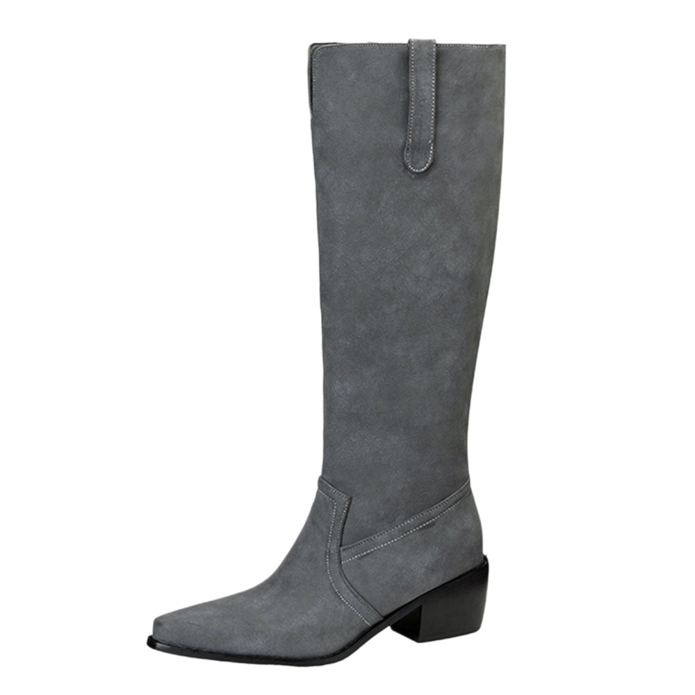 Bottes à talon carré montantes Tambour – Bottes hautes pour femme en daim à talon kitten, pour le bureau et les tenues chic décontractées