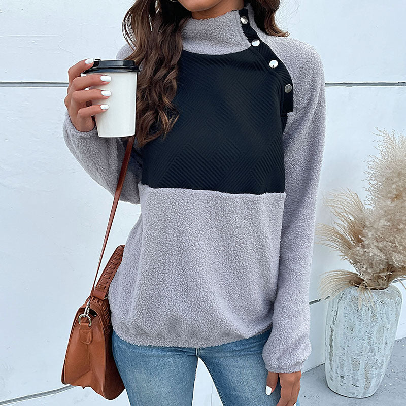 Chevron Quilted Button Fleece Pullover – Women Colorblock Fleece Pullover Casual Turtleneck Sweatshirt