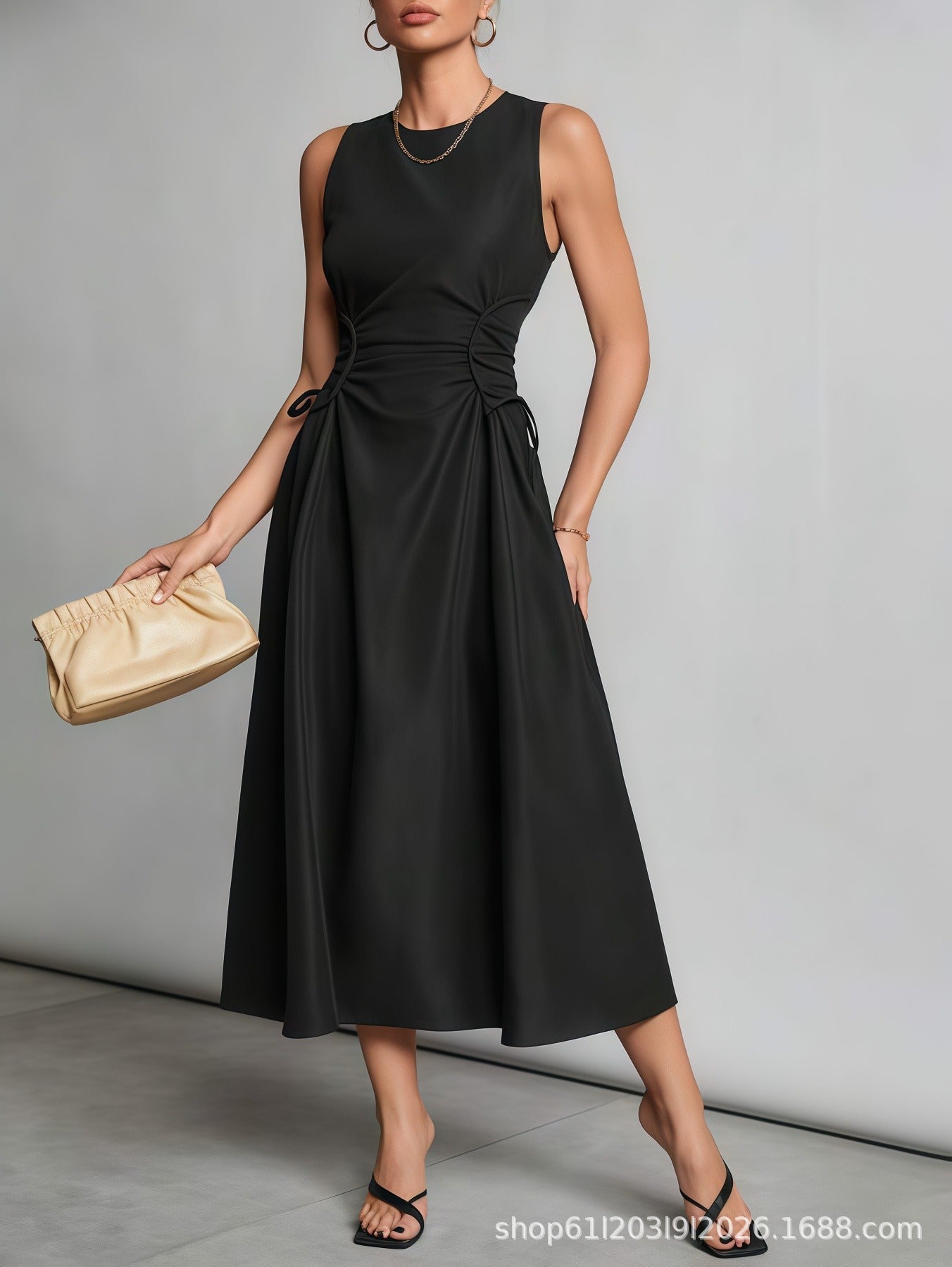Robe midi Nodosia froncée à la taille - Robe élégante sans manches, coupe trapèze, pour femme, idéale pour l’automne, les cocktails et les soirées