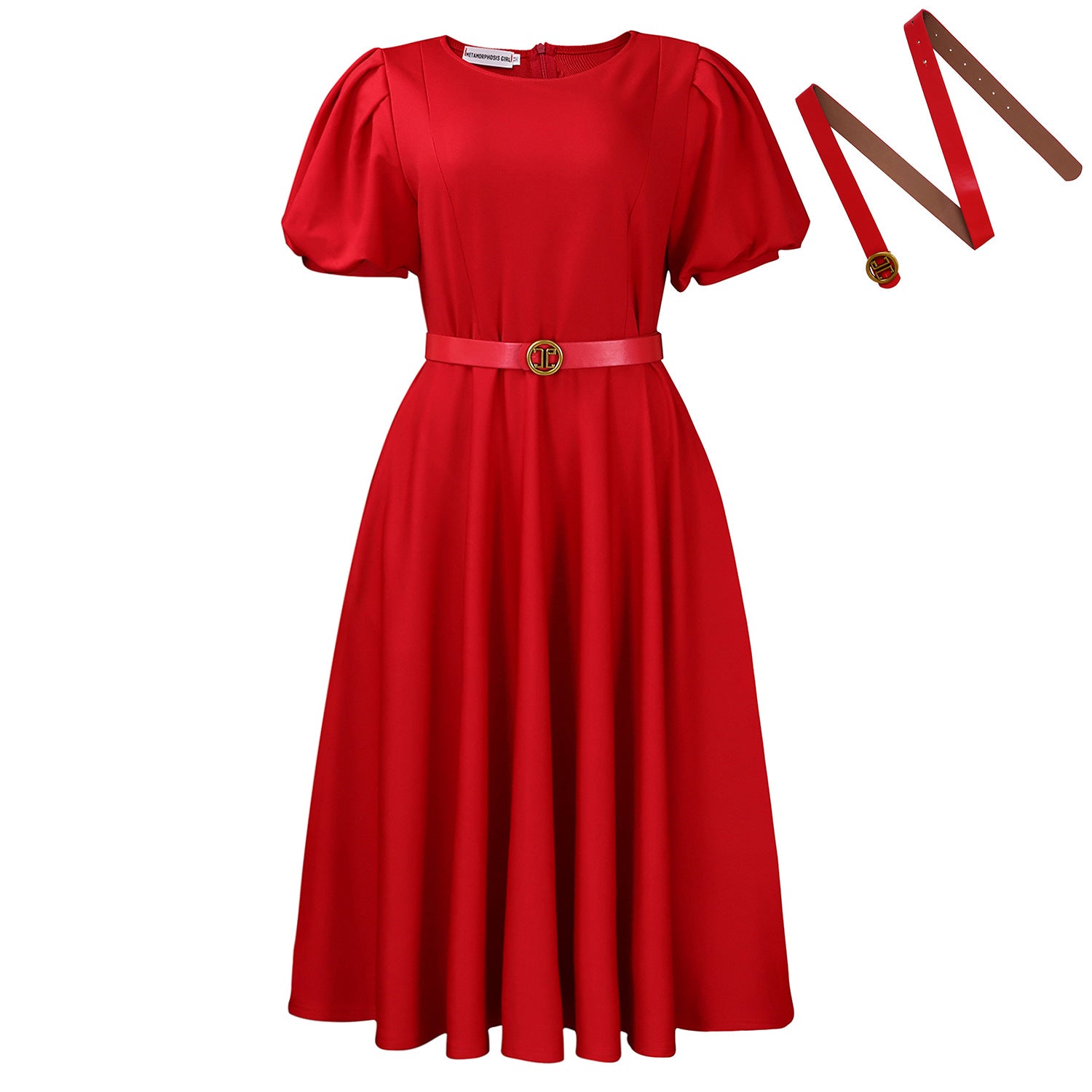 Bomante Puff Sleeve Belted Midi Dress – Women Formal Cocktail Wedding Guest Elegant A-Line Midi Dress