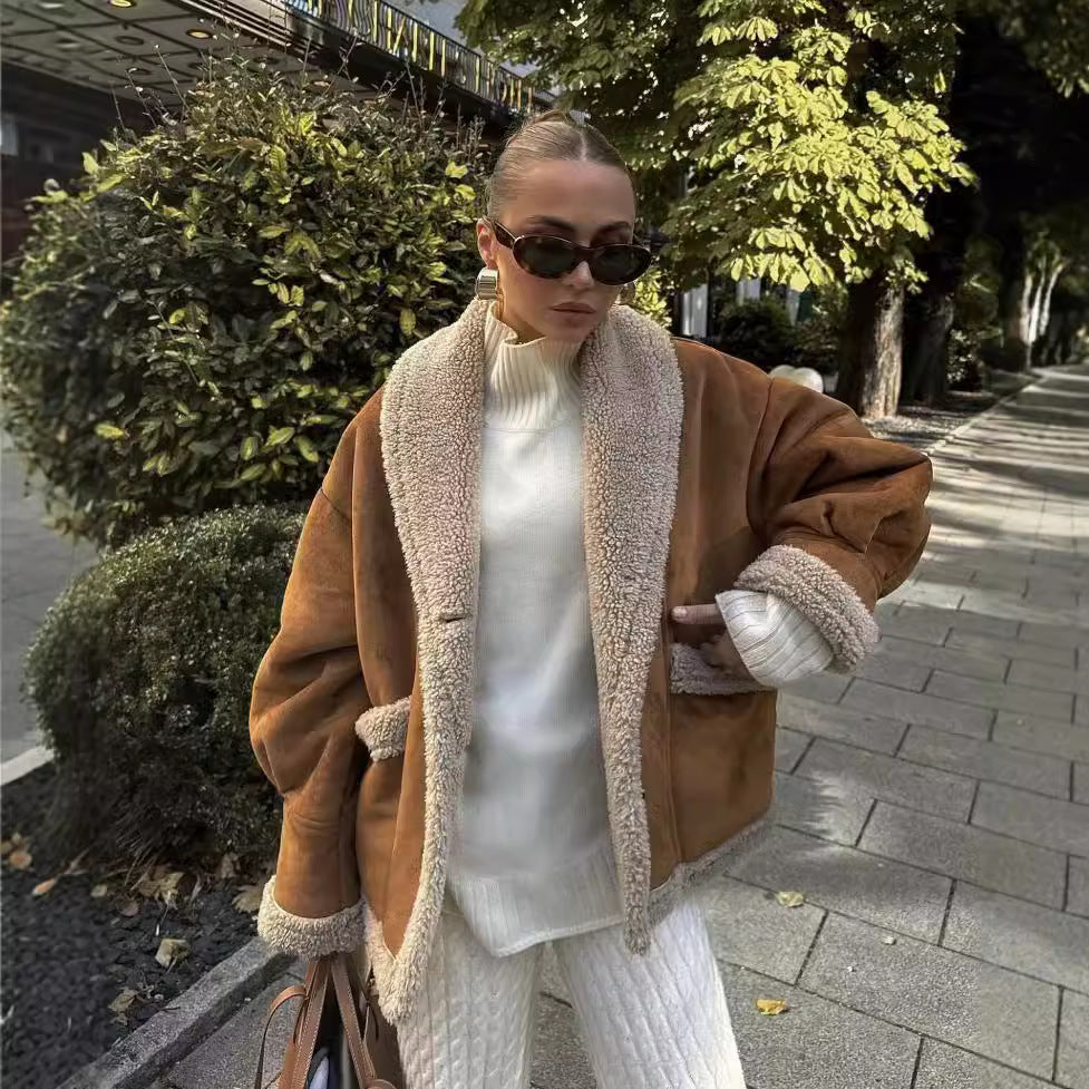 Veste courte à col imitation peau lainée Camelrim - manteau en fausse fourrure pour femme, veste boutonnée décontractée d'automne et d'hiver