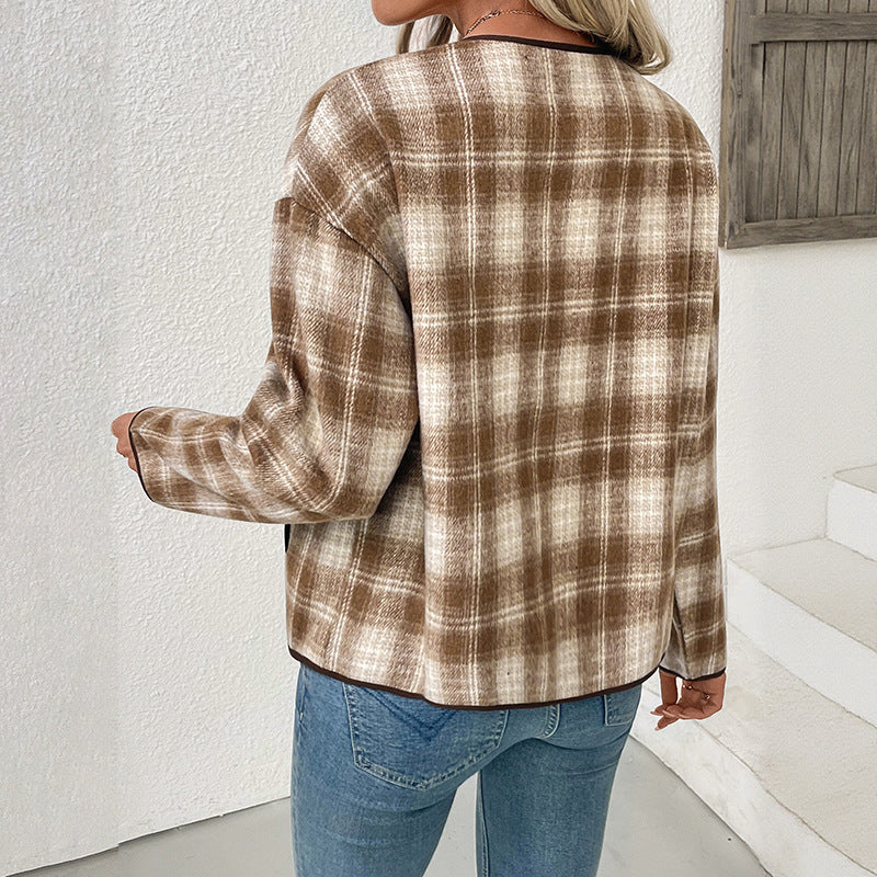 Blazer à carreaux boutonné sur le devant Quadria – Blazer en laine pour femme, décontracté, pour le bureau, à carreaux tartan marron