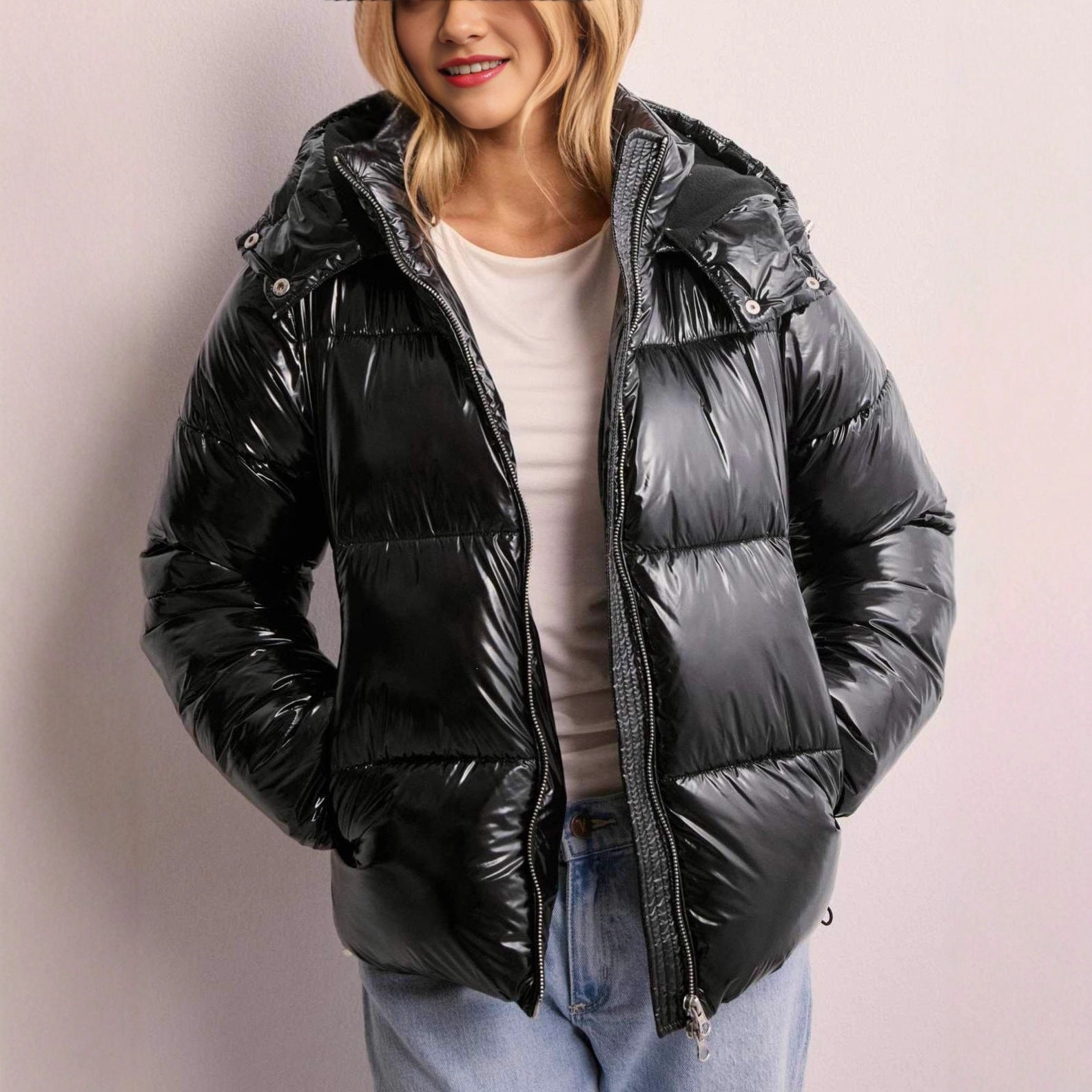 Glossine Oversized Puffer Jacket – Women Cropped Hooded Winter Coat Streetwear Quilted Puffer Jacket
