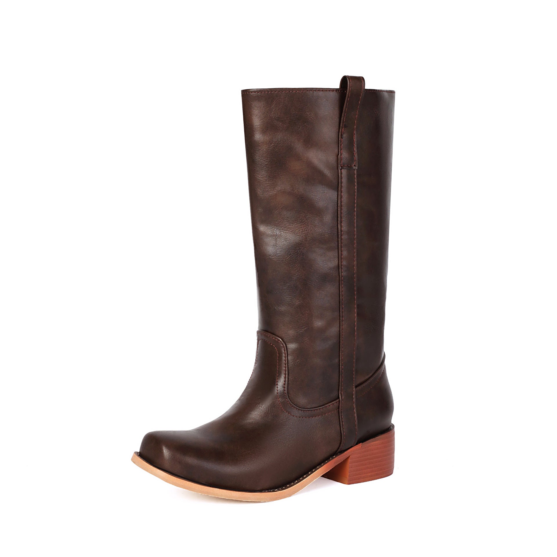 Bottes hautes en cuir Bruméd - bottes d’équitation western pour femmes à talon bloc, à enfiler, chaussures décontractées pour tous les jours