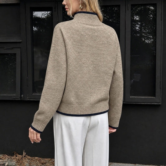 Bordrim Ribbed Mock Neck Sweater – Women Knit Sweater Oversized Casual Pullover Contrast Trim Jumper