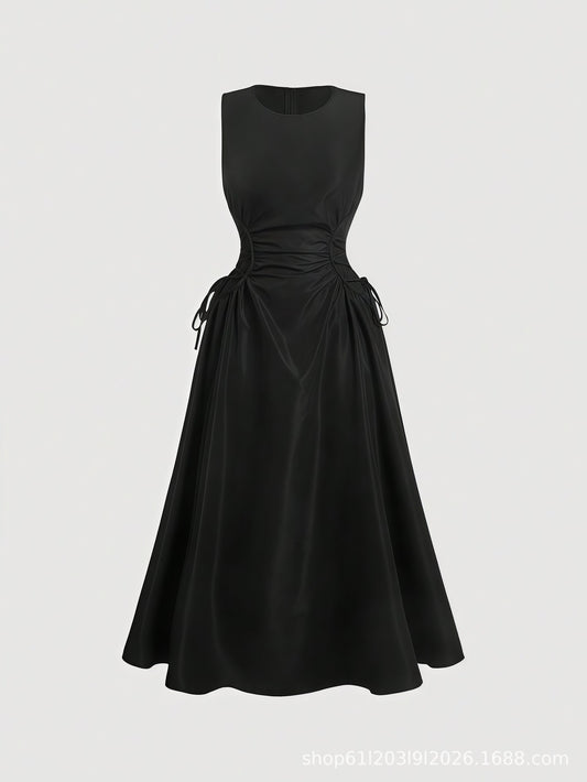 Robe midi Nodosia froncée à la taille - Robe élégante sans manches, coupe trapèze, pour femme, idéale pour l’automne, les cocktails et les soirées