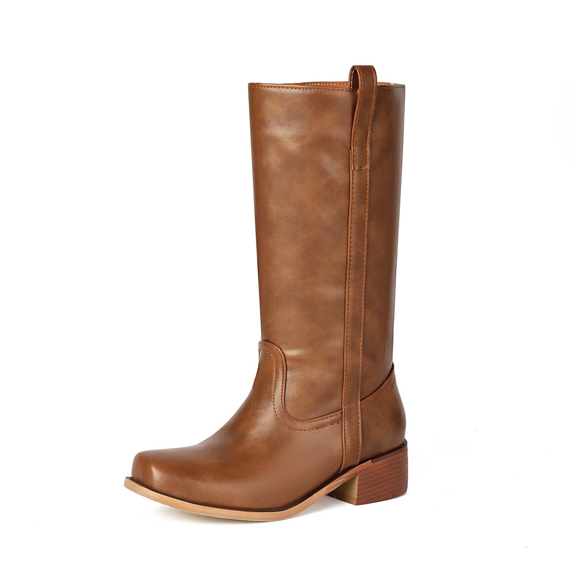 Bottes hautes en cuir Bruméd - bottes d’équitation western pour femmes à talon bloc, à enfiler, chaussures décontractées pour tous les jours
