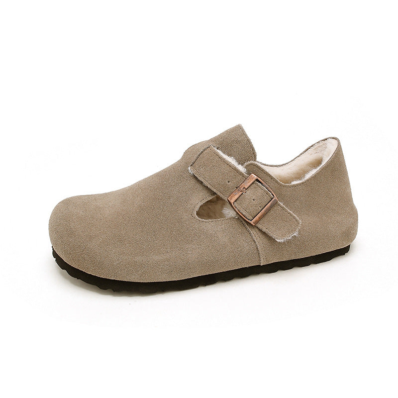 Sabots en daim doublés de shearling Buckmore - sandales à boucle pour femme, bout fermé, doublure en fourrure, gris, chaussons confortables d’automne et d’hiver