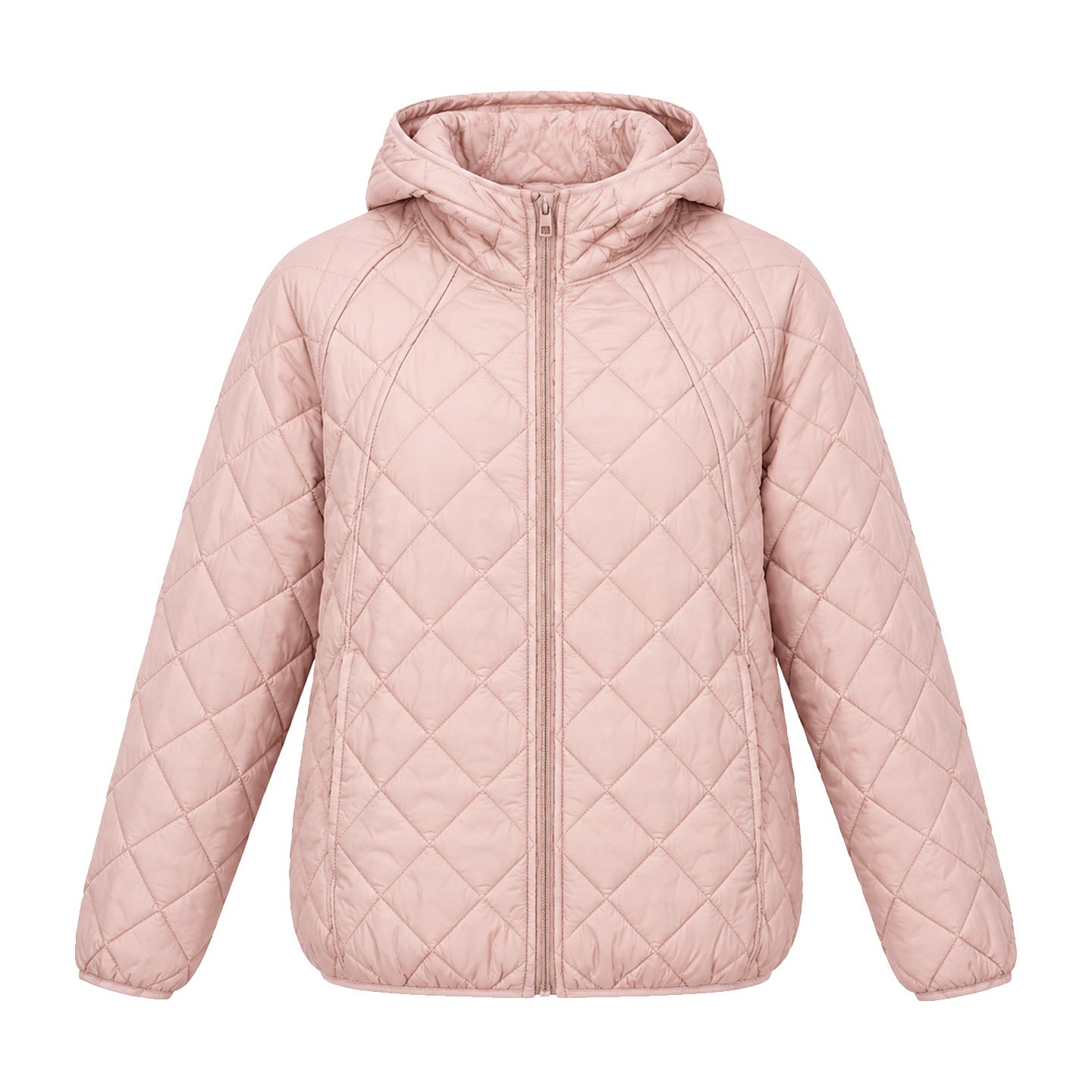Quiltrose Hooded Puffer Jacket – Blush Pink Quilted Diamond Stitch Women Hooded Lightweight Casual Puffer Jacket