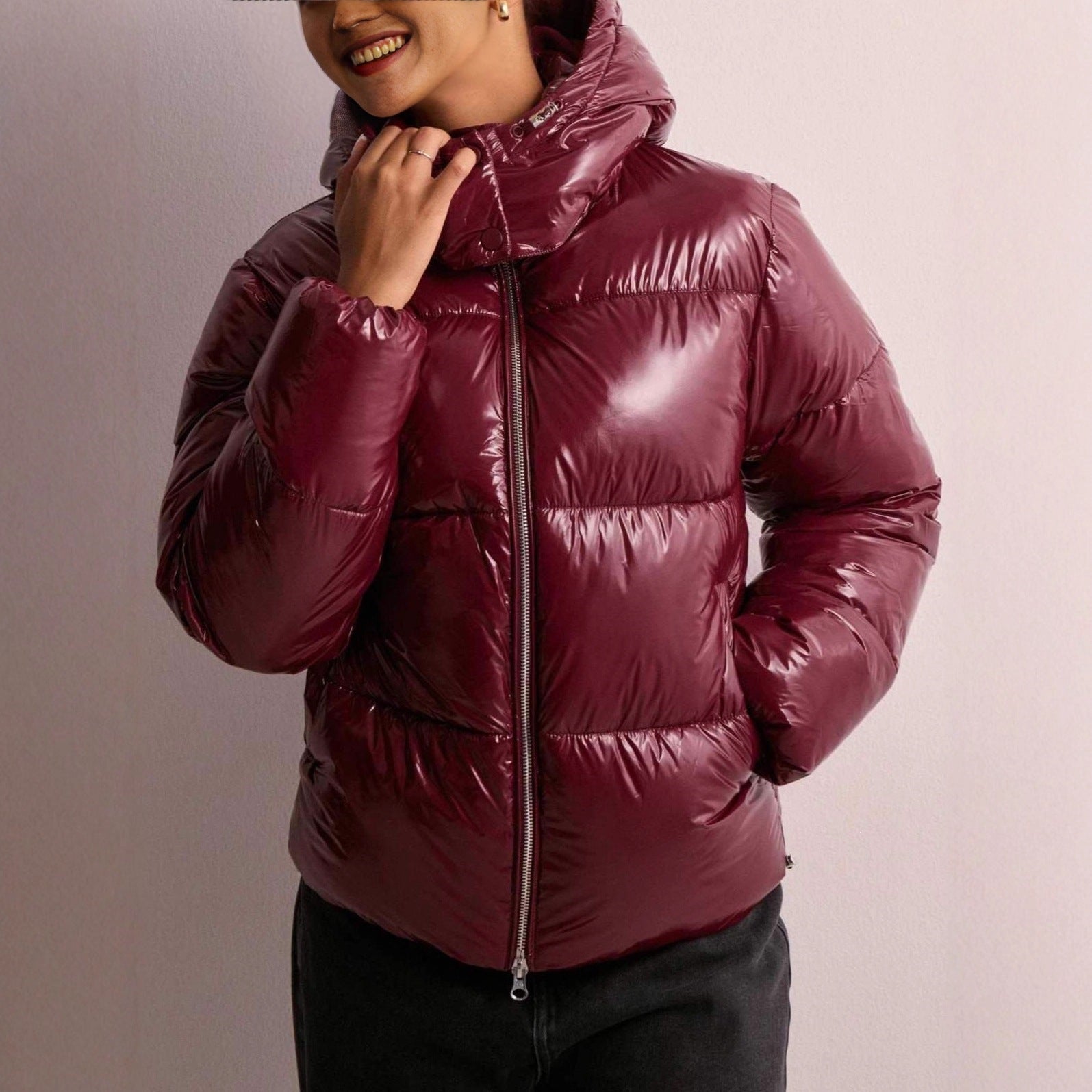 Glossine Oversized Puffer Jacket – Women Cropped Hooded Winter Coat Streetwear Quilted Puffer Jacket