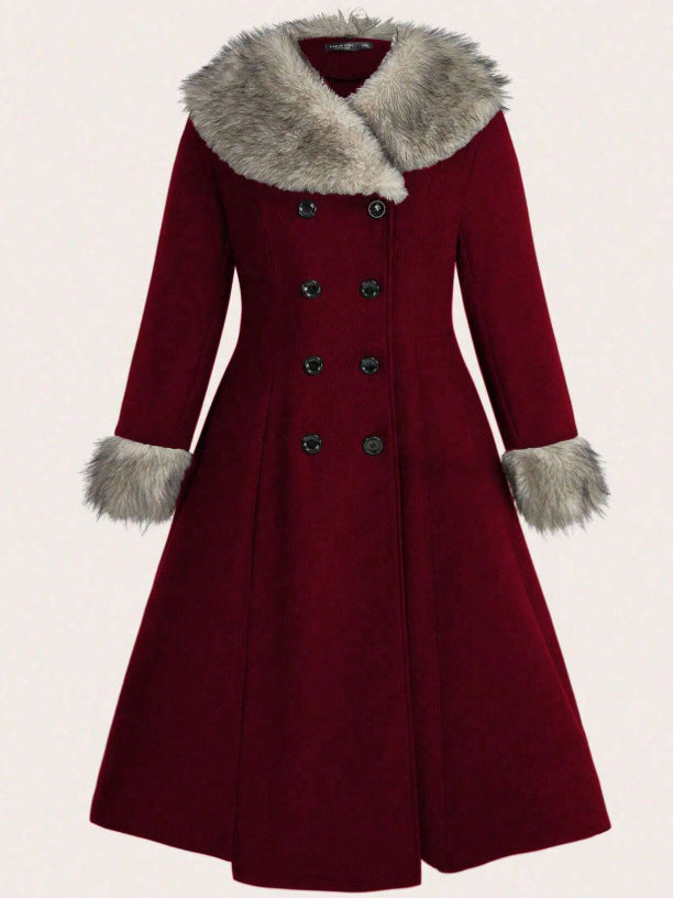 Borgrim Faux Fur Collar Double-Breasted Coat – Burgundy Wool Women Long Tailored Winter Vintage Fox Fur Collar Coat