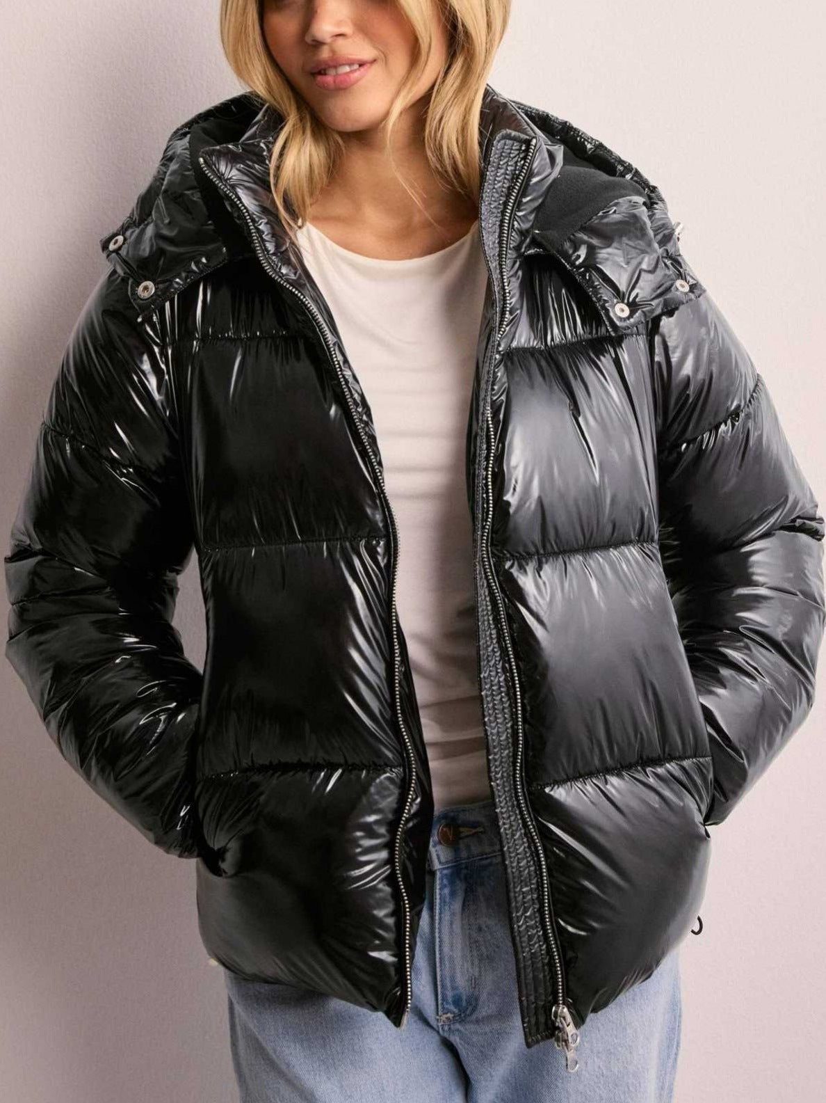 Glossine Oversized Puffer Jacket – Women Cropped Hooded Winter Coat Streetwear Quilted Puffer Jacket