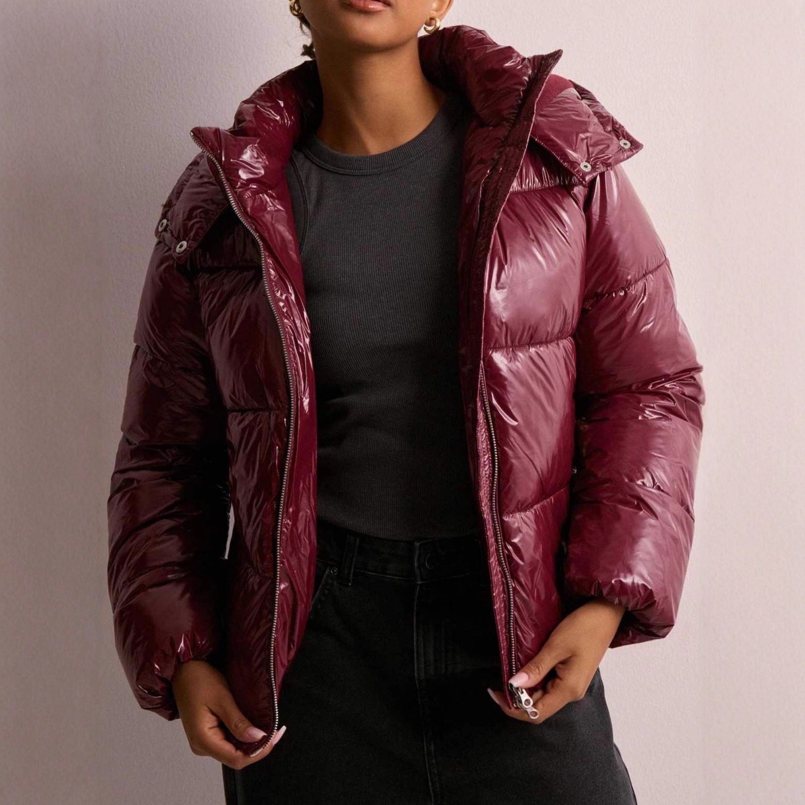 Glossine Oversized Puffer Jacket – Women Cropped Hooded Winter Coat Streetwear Quilted Puffer Jacket