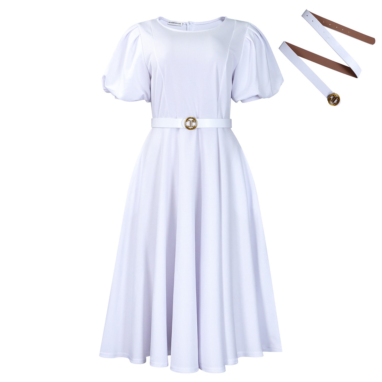 Bomante Puff Sleeve Belted Midi Dress – Women Formal Cocktail Wedding Guest Elegant A-Line Midi Dress