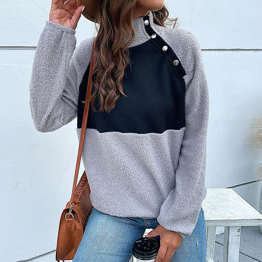 Chevron Quilted Button Fleece Pullover – Women Colorblock Fleece Pullover Casual Turtleneck Sweatshirt