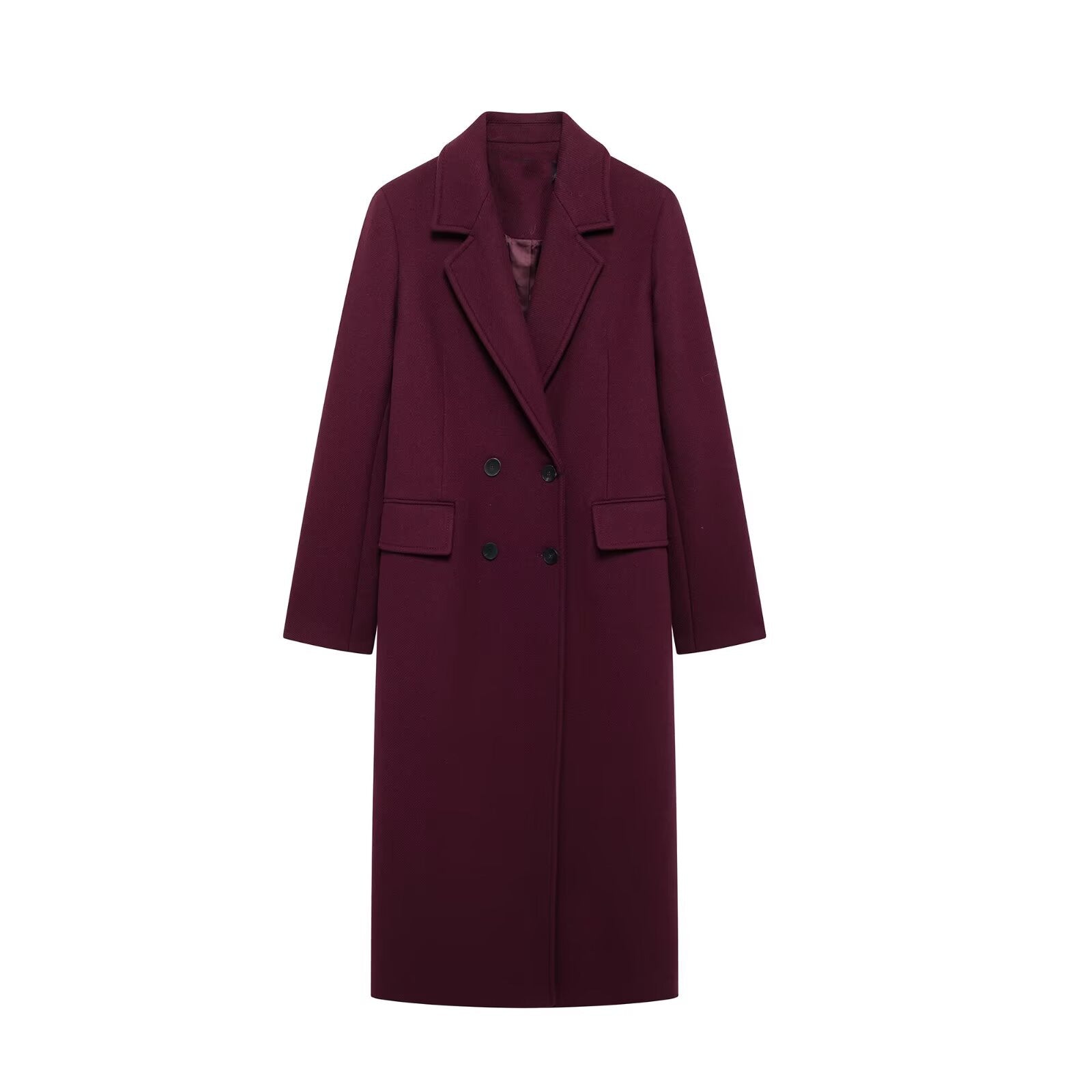 Borroux Double-Breasted Longline Coat – Burgundy Wool Trench Coat Women Office Fall Winter Tailored Ladies Overcoat