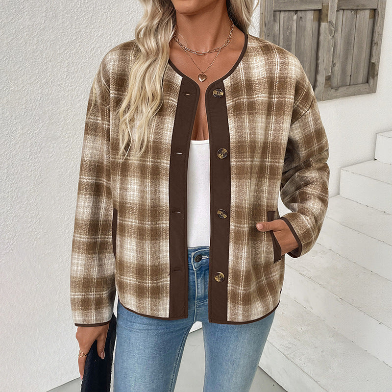 Blazer à carreaux boutonné sur le devant Quadria – Blazer en laine pour femme, décontracté, pour le bureau, à carreaux tartan marron