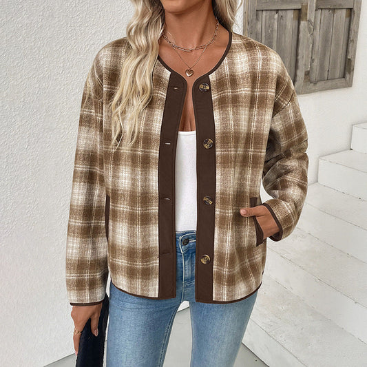 Quadria Plaid Button-Front Blazer – Wool Blazer Women Casual Office Workwear Vintage Tartan Brown Plaid Blazer