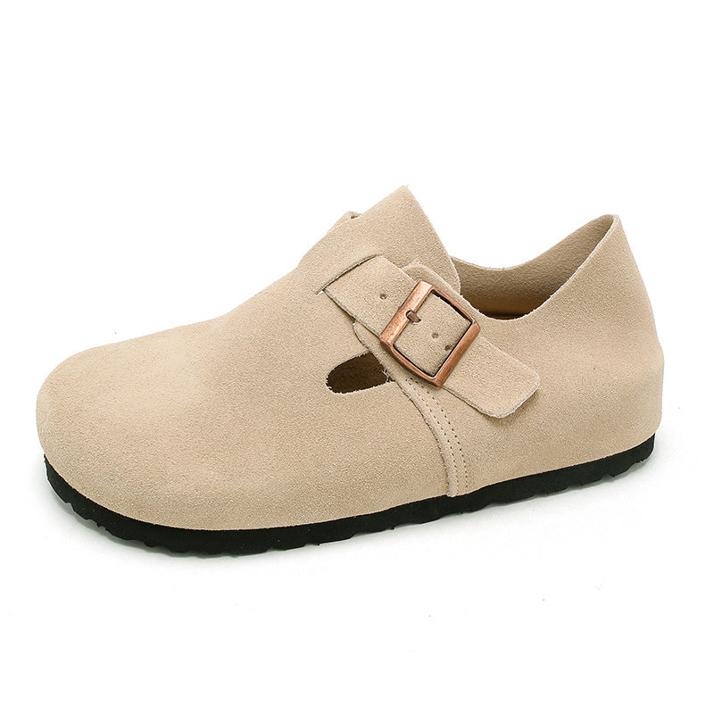 Sabots en daim doublés de shearling Buckmore - sandales à boucle pour femme, bout fermé, doublure en fourrure, gris, chaussons confortables d’automne et d’hiver