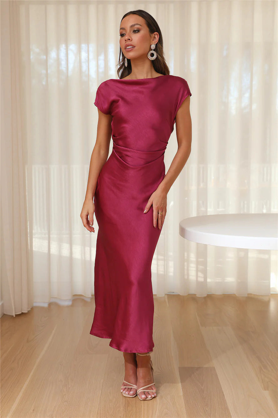 Robe midi Crimora froncée à la taille - Robe de cérémonie satinée à coupe en biais pour femme, invitée à un mariage, cocktail et soirée