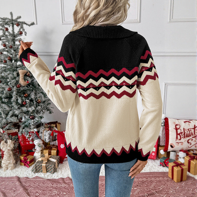 Pull en maille à chevrons et col en V Zigora – Pull pour femme, tenue décontractée et festive de Noël pour les fêtes