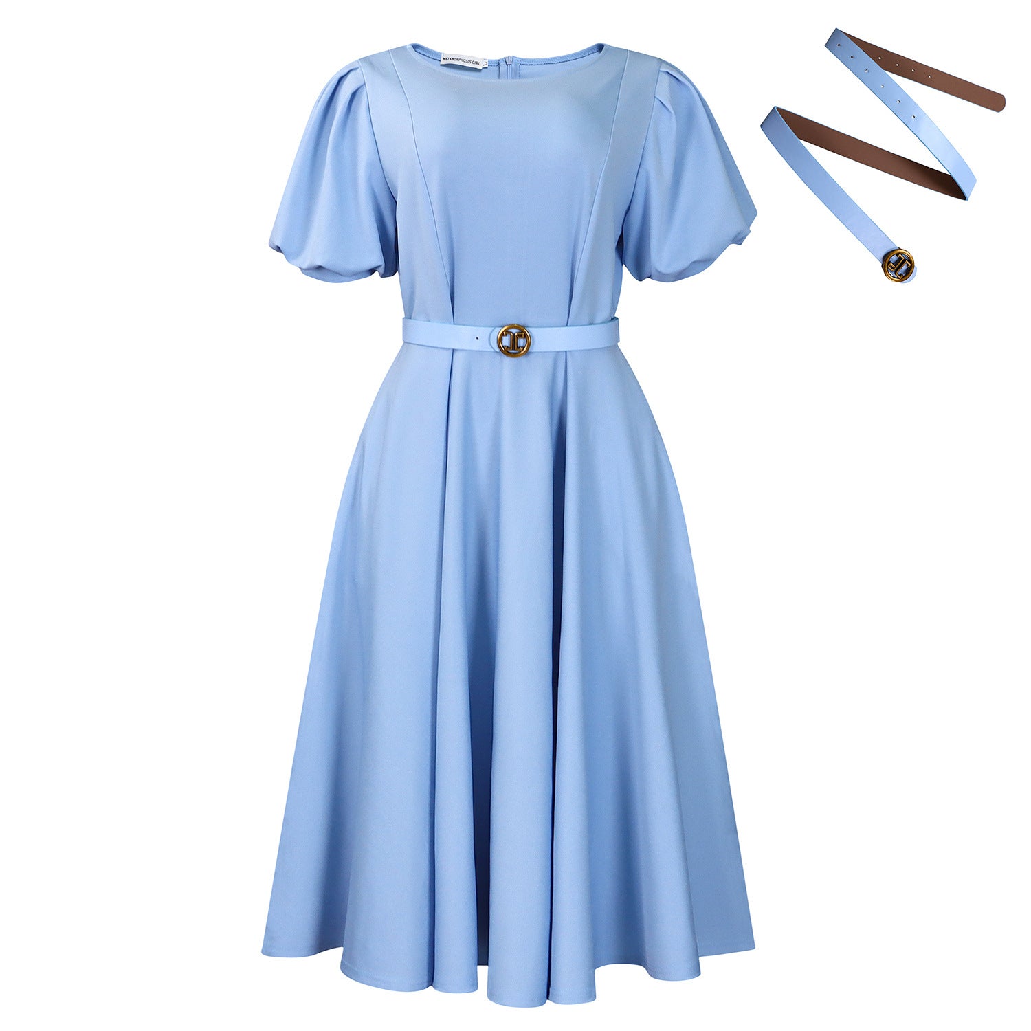 Bomante Puff Sleeve Belted Midi Dress – Women Formal Cocktail Wedding Guest Elegant A-Line Midi Dress