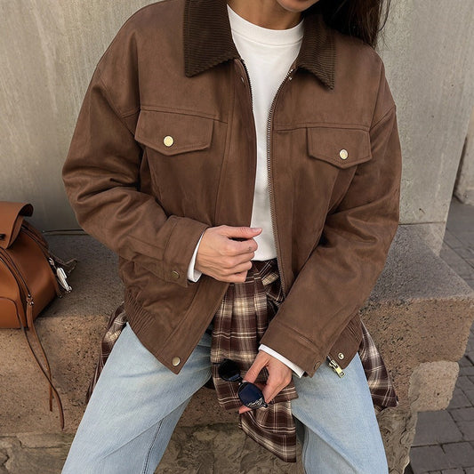 Cordlyn Corduroy Collar Bomber Jacket – Women Vintage 1950s 1940s Style Casual Streetwear Zip-Up Bomber Jacket