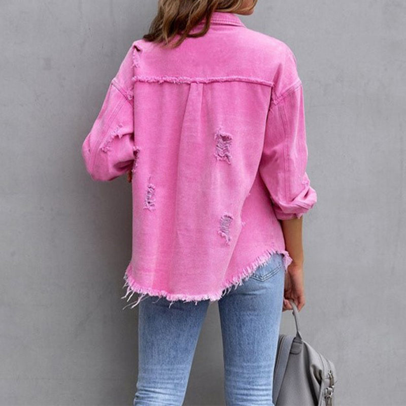 Veste oversize en denim délavé Rosafraye – Veste-chemise boutonnée effilochée pour femme, style streetwear décontracté d’automne